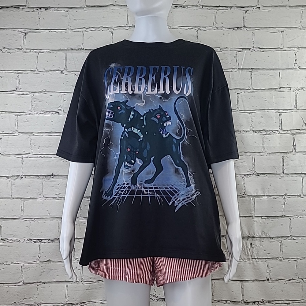 Shein Mens' Cerberus Graphic Crew Neck Short Sleeve Relaxed Fit Tee Black/Blue